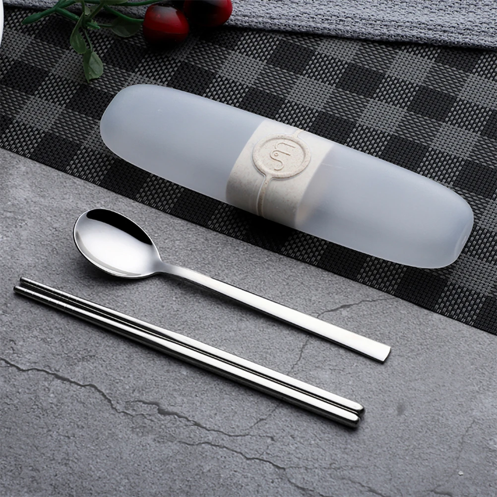 

3 pcs Portable Cutlery Set Stainless Steel Travel Silverware Kit Spoon Chopsticks Storage Case Compact Camping Utensils