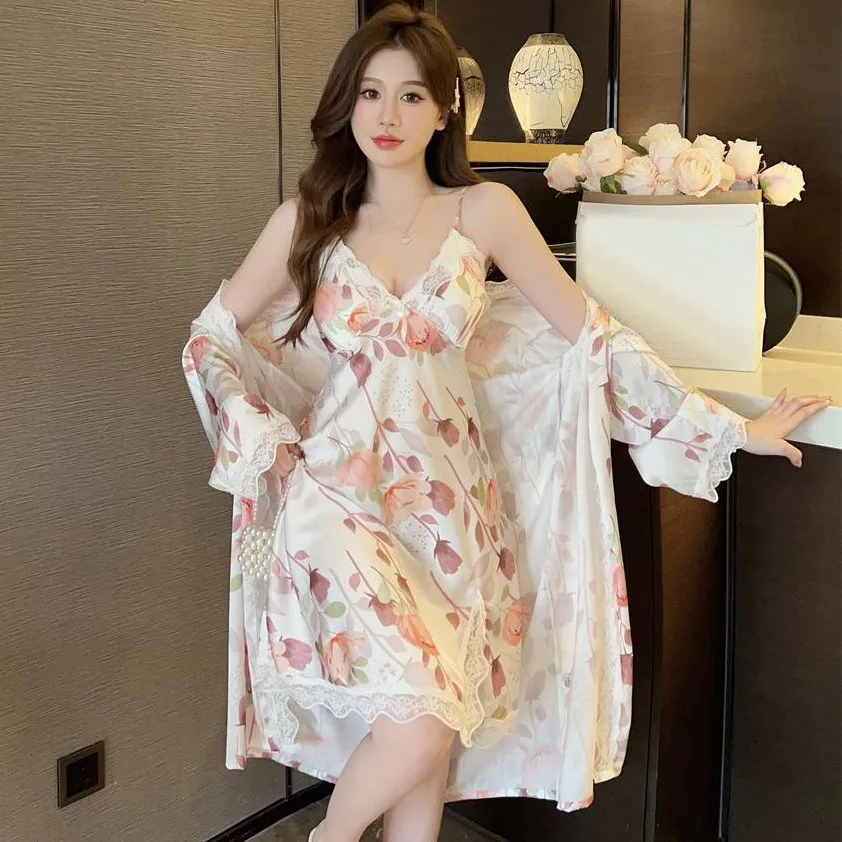 2PCS Sleepwear Bathrobe Gown Suit Summer Women Robe Set Loungewear Sexy Lace Nightgown Kimono Bride Home Dress Lingerie