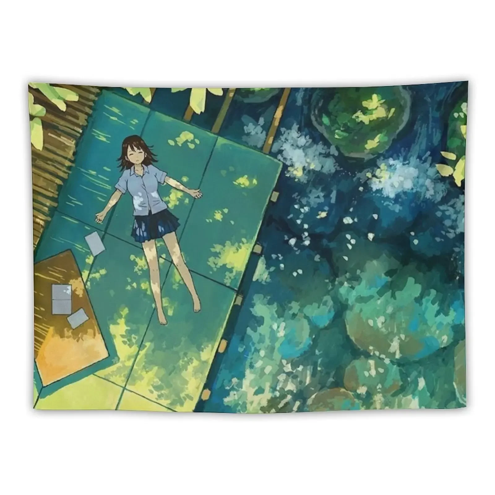 

Girl napping by pool of water in the shade of the sun to take a break from her homework Tapestry Wall Carpet Tapestry