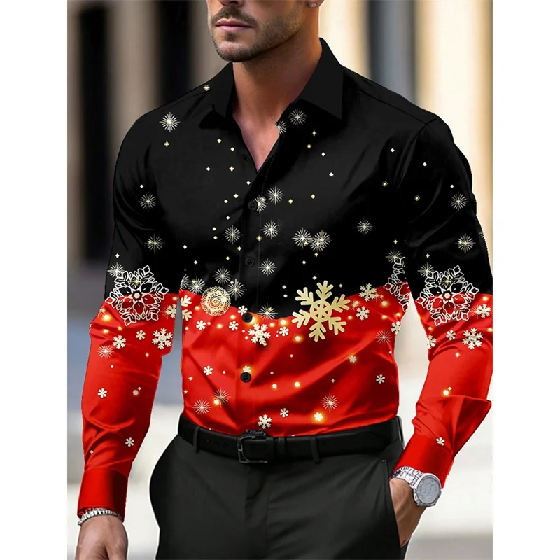 

3D Printed Christmas Tree Hawaiian Shirts For Men Colorful Snowflake Pattern Aloha Shirts Loose Long Sleeve Lapel Tops Blouse