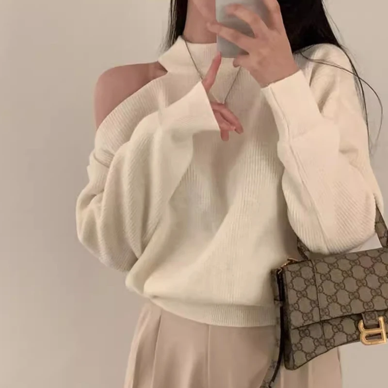 

Gagarich Korean Chic Autumn Winter French Sexy Hollow Shoulder Loose Versatile Long Sleeve Hanging Neck Knitted Sweater Women