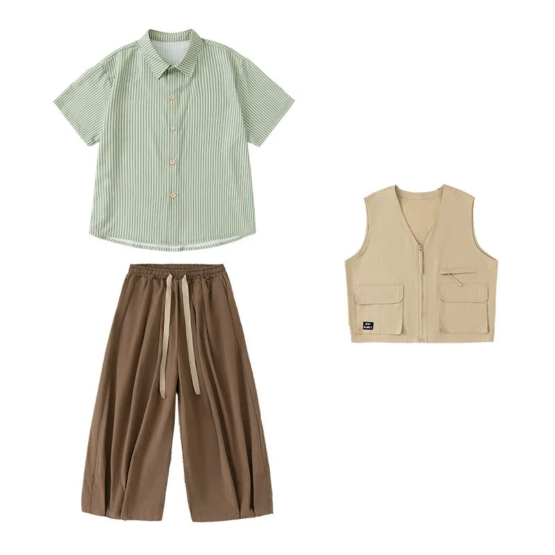 Enfant Kpop Hip Hop vêtements vert rayé chemise kaki gilet café décontracté jambe large pantalon plissé pour fille garçon danse Costume vêtements