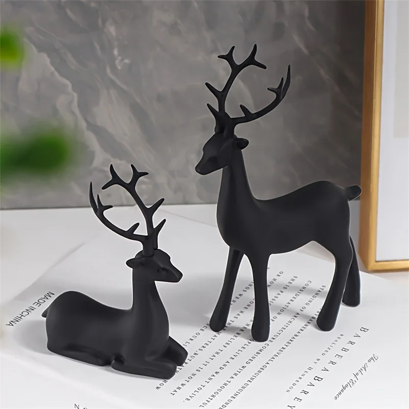 Modern Black Reindeer Statue Matte Black Deer Statue Elk Sculpture Living Room  Bedroom  Office Home Resin Craft Decoration