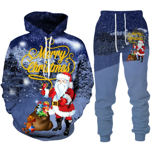 Men\'s Hoodie Sets Christmas Santa Claus Pattern Print 3D Hooded Sweatshirt Pants 2Pcs Suits Fall/Winter Oversized Couple Clothes