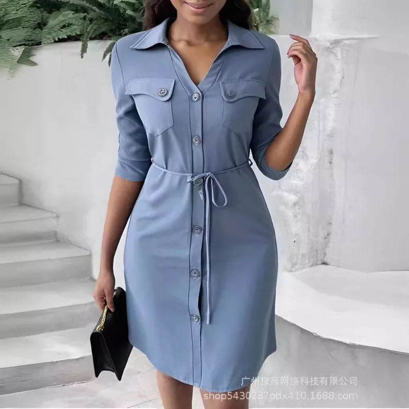 

Spring Summer New Women's Clothing Solid Color Polo Collar Single-Breasted Casual Dress