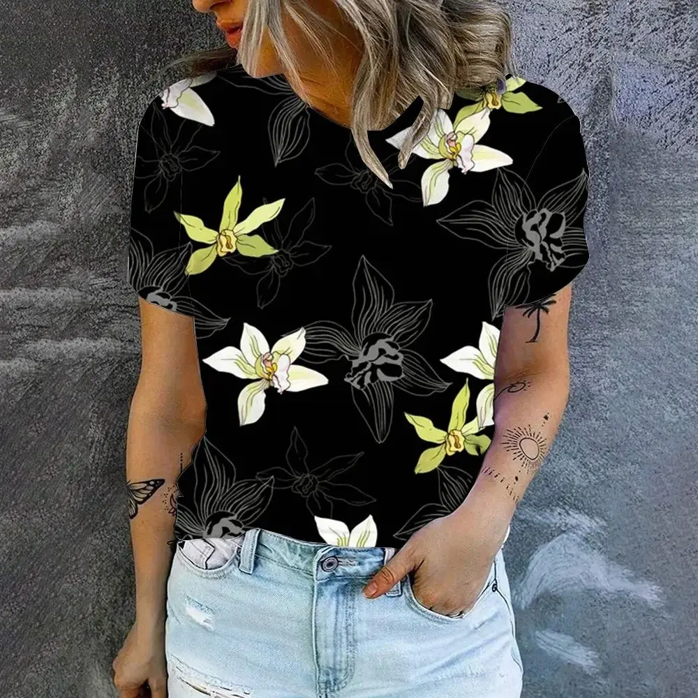 

Women's High Quality T-shirt Retro Flower Pattern Print T-shirt Fashion Print T-shirt Elegant Women's Short Sleeved T-shirt