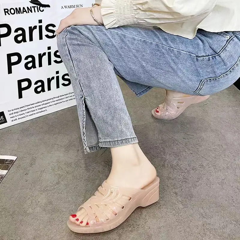 New Women\'s One Word Hollow Wedges Crystal Slipper Soft Sole Non Slip Home Slipper Outdoor High Heels Slippers Bathroom Slipper