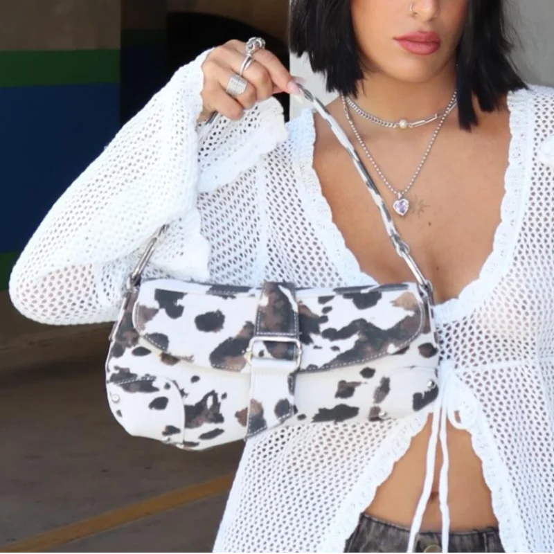 موضة قماش ليوبارد طباعة حقيبة كتف العلامة التجارية رائعة غير المتماثلة المرأة السرج حقيبة الراقية البقرة نمط جديد الأبيض حقيبة تحت الإبط #1