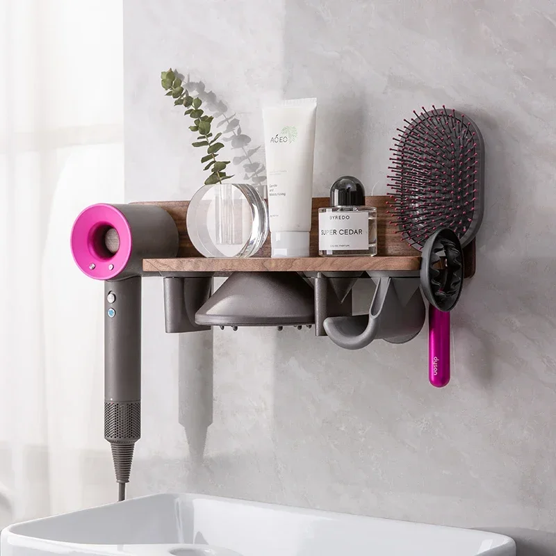 Dyson Hair Dryer Holder, Walnut Wood, Punch-Free Hanger, Light Luxury Storage Rack, Wall Hanging Shelf, Bathroom Storage