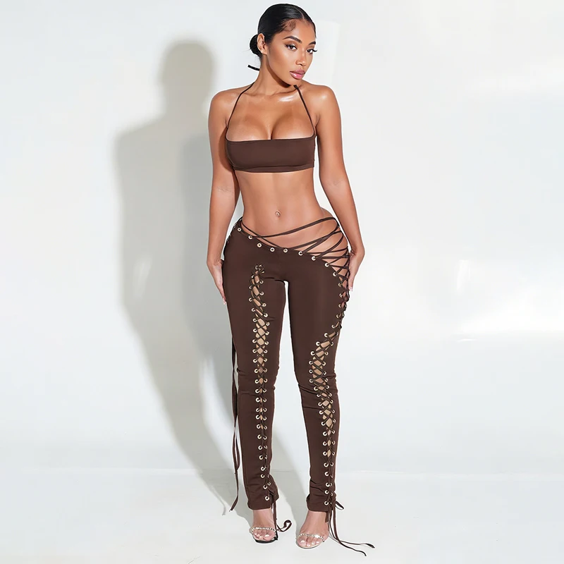 

Sexy Women 2 Piece Halter Bustiers Tops Strap Lace-up Pencil Pants Sets Crop Tops Corn Tight Pants Party Lady Two Piece Outfits
