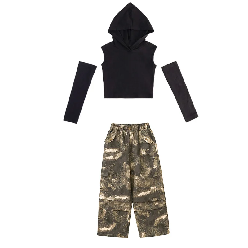 [4-15 Years Old]Girl\'S Crop Top Suit Street Girl Suit  Girl\'S Jazz Camouflage Pants Dance Performance Costume