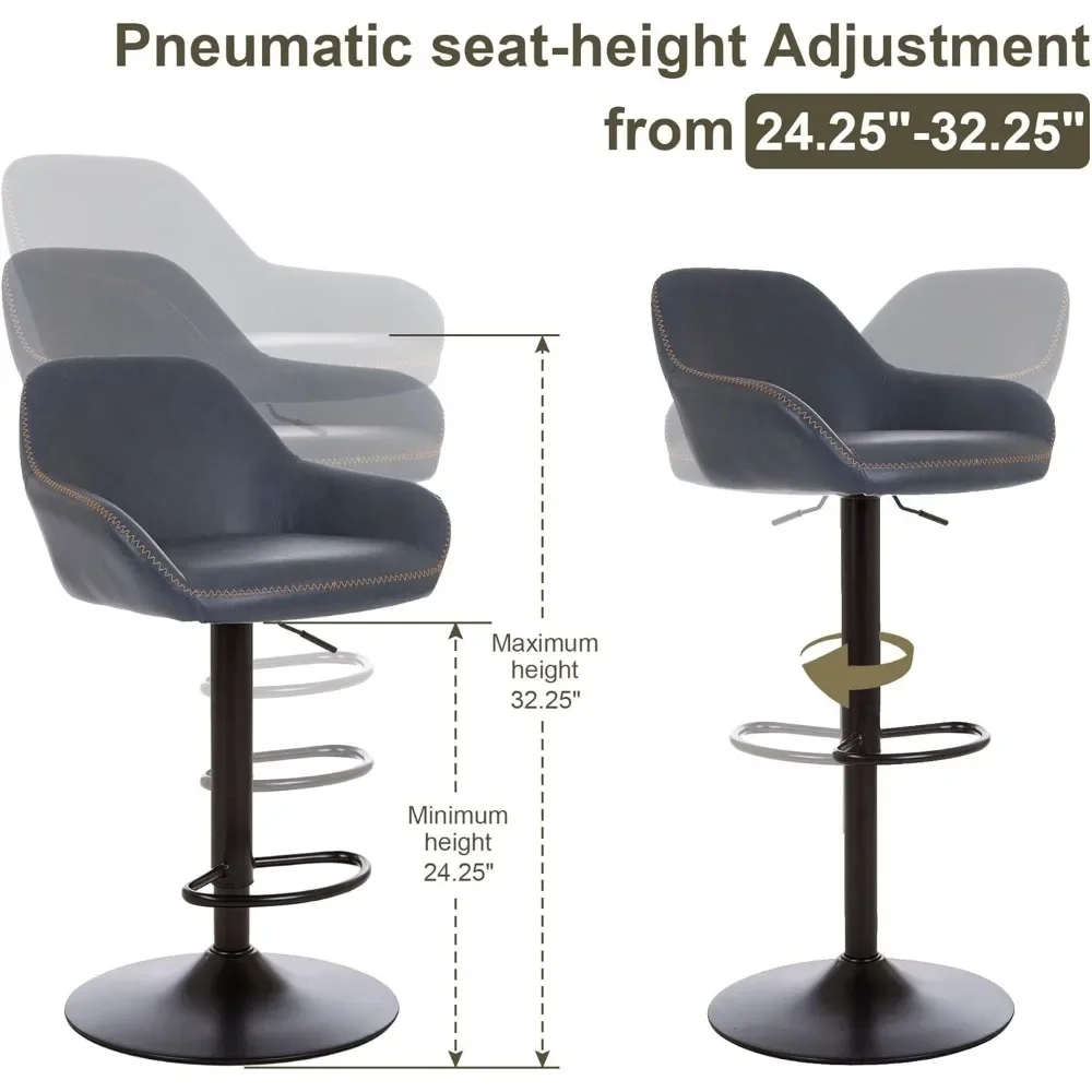 Taburetes de Bar de mediados de siglo, Juego de 2 sillas de Bar ajustables de cuero giratorio Vintage con respaldo y reposapiés