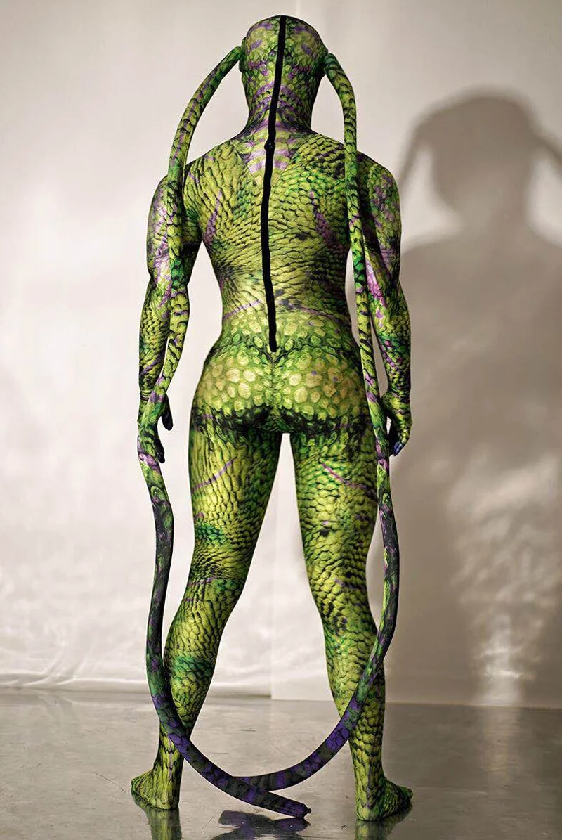 Fato de cosplay elástico de spandex para homens e mulheres, macacão verde, cobra, macacão magro, Halloween, festa Rave, RPG, roupa de palco