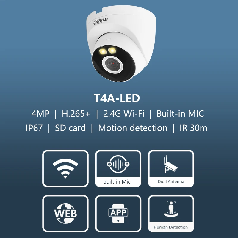 Dahua 4MP Full Wifi Color Camera Human Detection Turret IP Camera Built in Mic Warm light With Network Port Multilingual T4A-LED