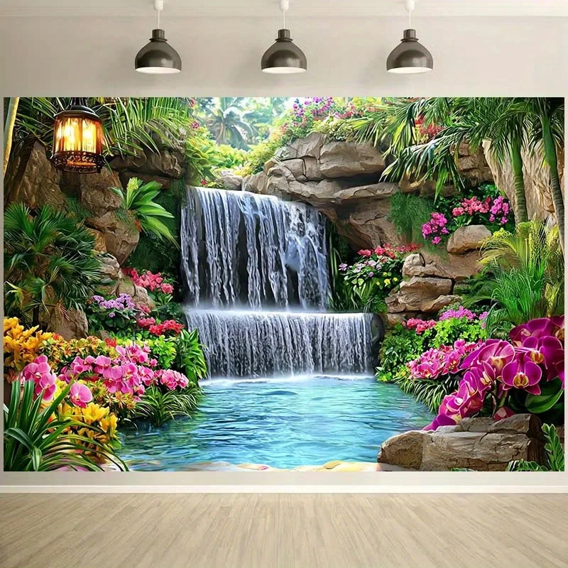 Tropical Waterfall Tapestry, Lush Greenery and Colorful Flowers Scene, Nature Wall Art for Wedding and Party Backdrop Decor