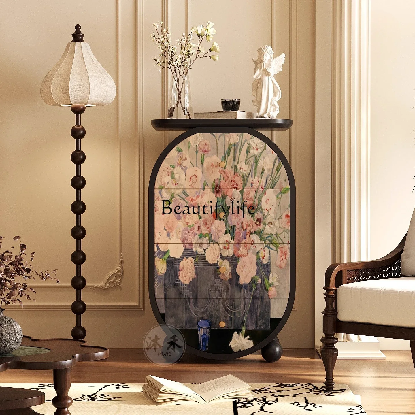 

55French retro niche flower solid wood four-chest cabinet household sofa side cabinet