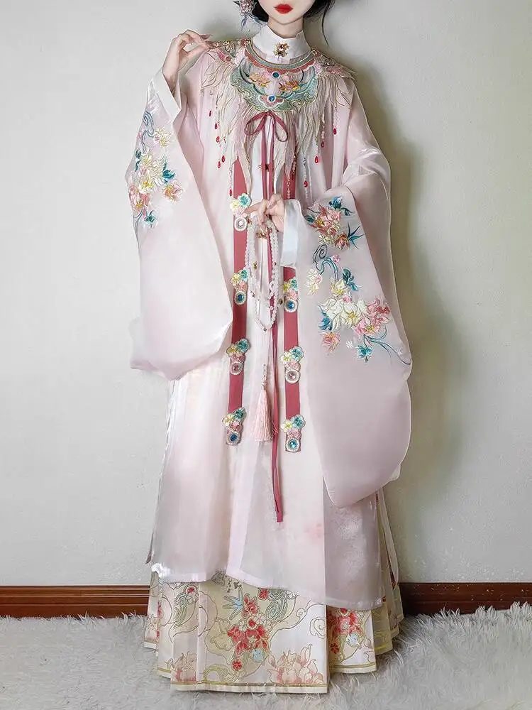 Spring And Summer The Ming Dynasty Hanfu Standing Collar Pink Long Gown Embroider Horse-face Skirt Girls Sweet