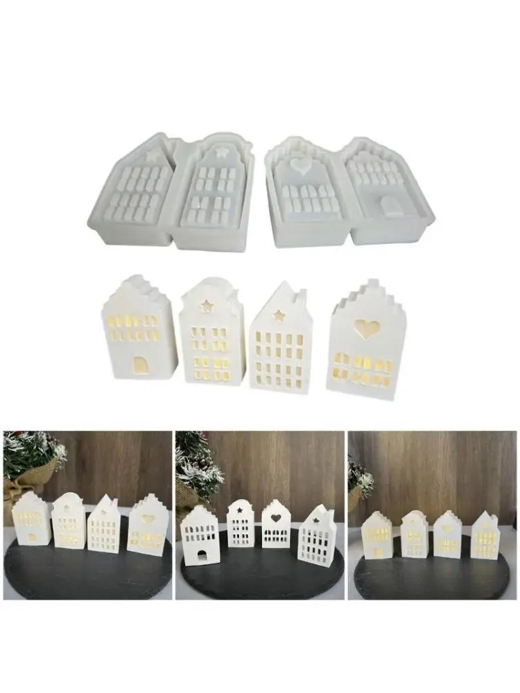 652F Home Decoration Mold Silicone Lamp Mould 4 House Shaped Candlestick Mould Jewelry Crafting Tool