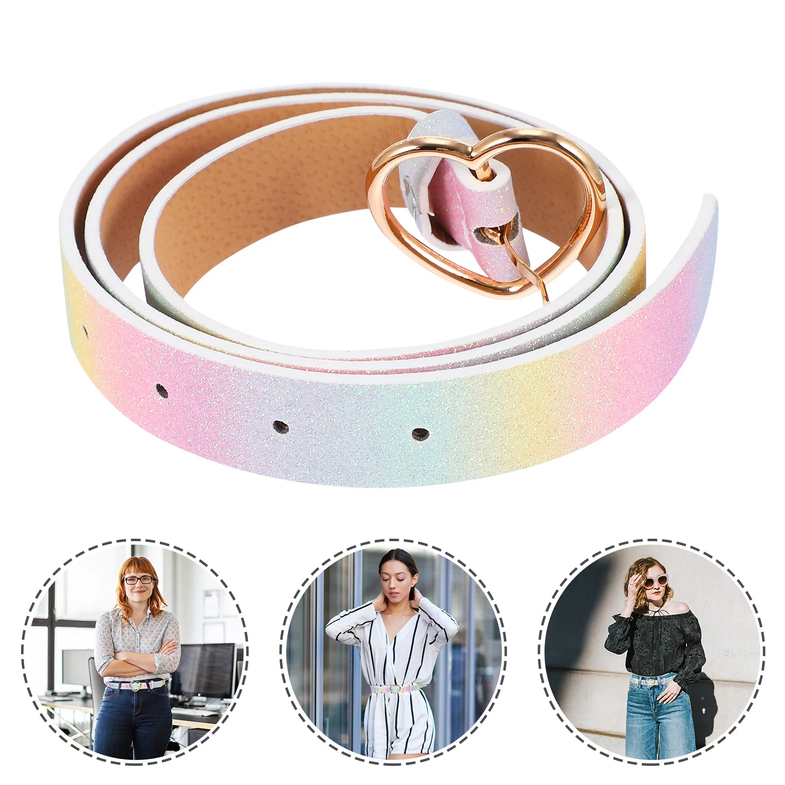 

Heart-Shaped Rainbow Waist Belt Women Glitter PU Decor Ladies Colorful Party Banquet Belt Matching Coat Jeans Dress