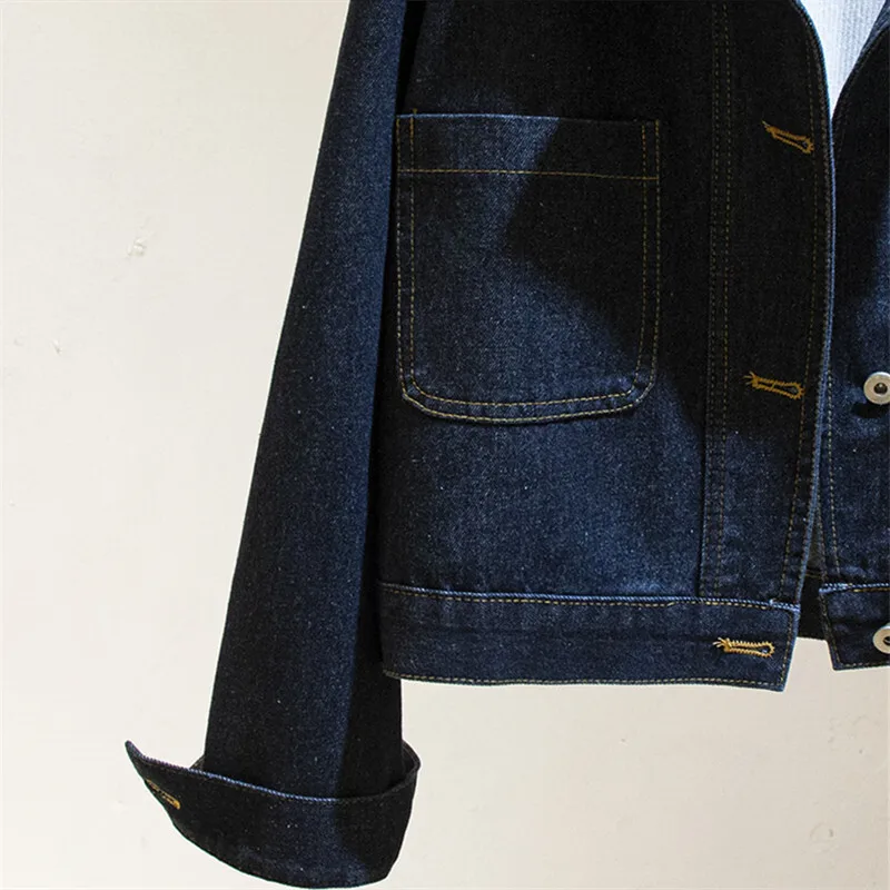 Vintage blu scuro grande tasca giacca di Jeans donna sciolto corto capispalla da Cowboy Chaquetas Mujer primavera autunno Jeans giacca femminile