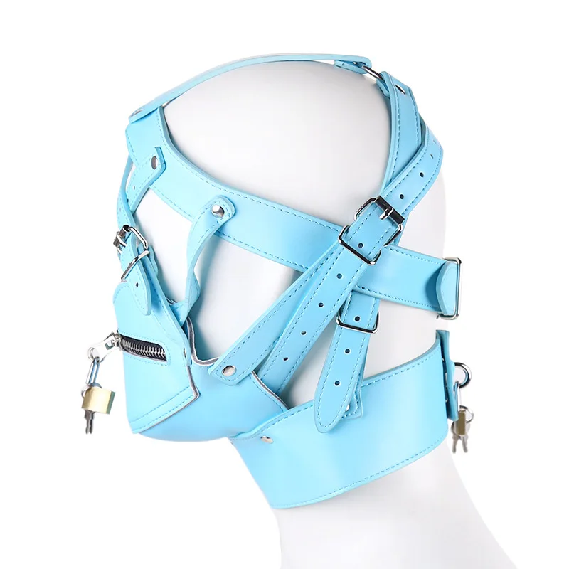 Testa in pelle PU Cappuccio Imbracatura Bocca con serratura Maschera con cerniera Lucchetto Giocattoli sessuali BDSM Bondage Copricapo Schiavo Restraint Gioco per adulti