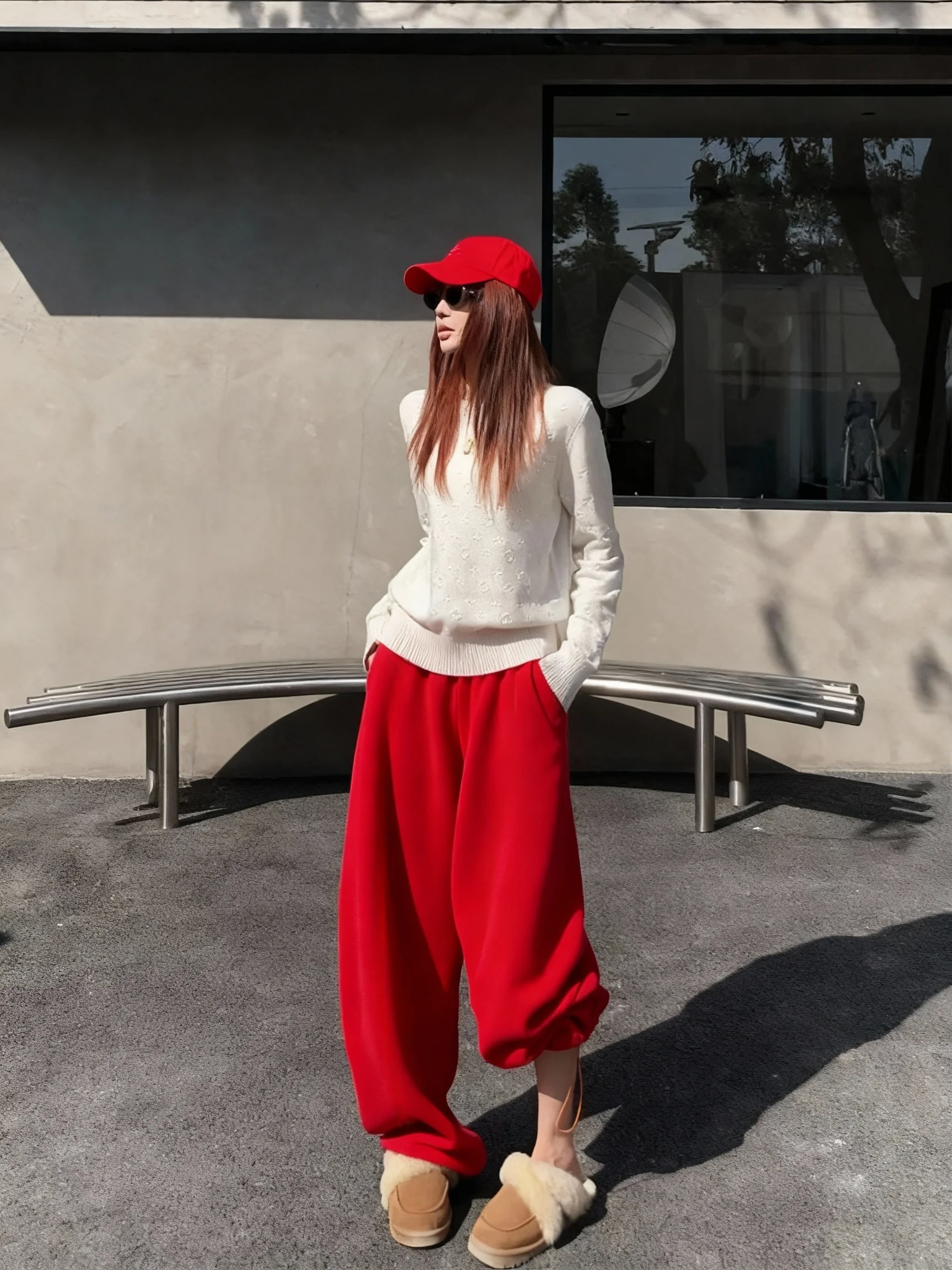 

Красные широкие спортивные брюки для джазовых танцев в новогоднем стиле, женские, осенне-зимние, в американском стиле, повседневные, с высокой талией, эластичные...