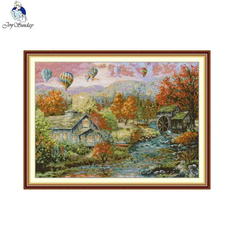 Joy Sunday Cross Stitch Kit Autumn In The Valley HD Pattern Aida 16/14/11CT Counted Printed Canva DIY Embroidery Kit Decoration