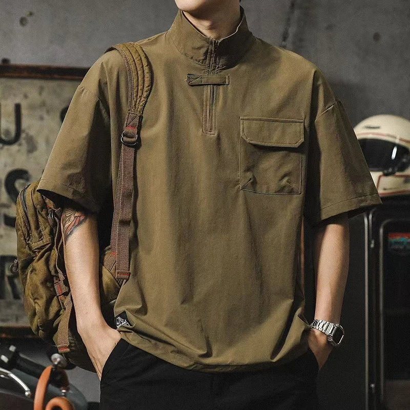 Men's Summer American Workwear Short Sleeve Polo Shirt Ice Silk Quick Dry Half Zip Stand Collar Loose Casual Pocket Tee Top