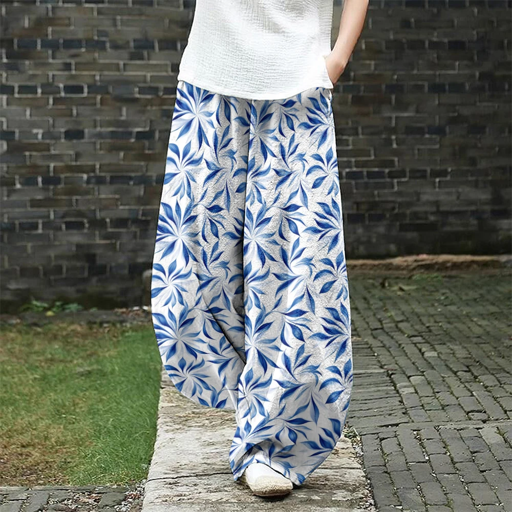

Fresh Bamboo Leaf Pattern Stylish Women's Wide Leg Pants Summer Loose Fit Pants Harajuku Lantern Trousers Elegent Boho Pants