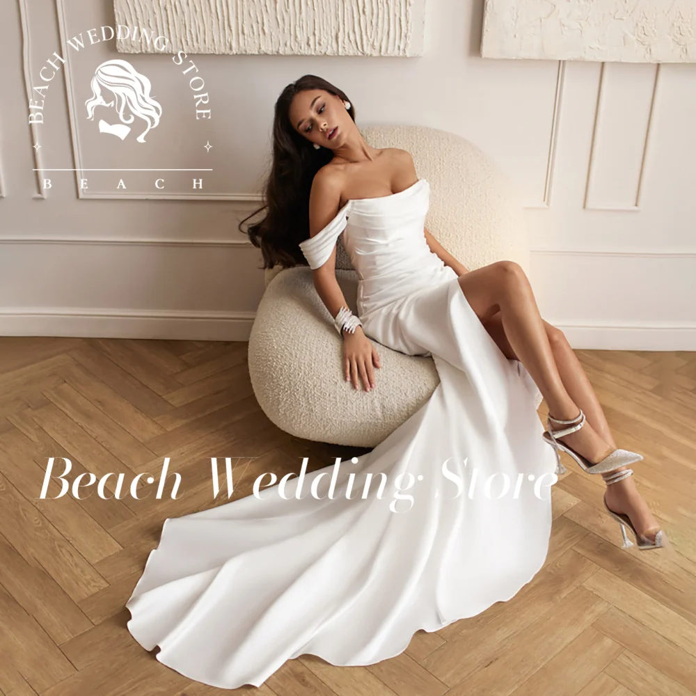 Strand weg von der Schulter trägerlos rückenfrei einfache moderne Brautkleider mit Hifh-Schlitz bodenlangen Vestidos De Novia individuell gestaltet