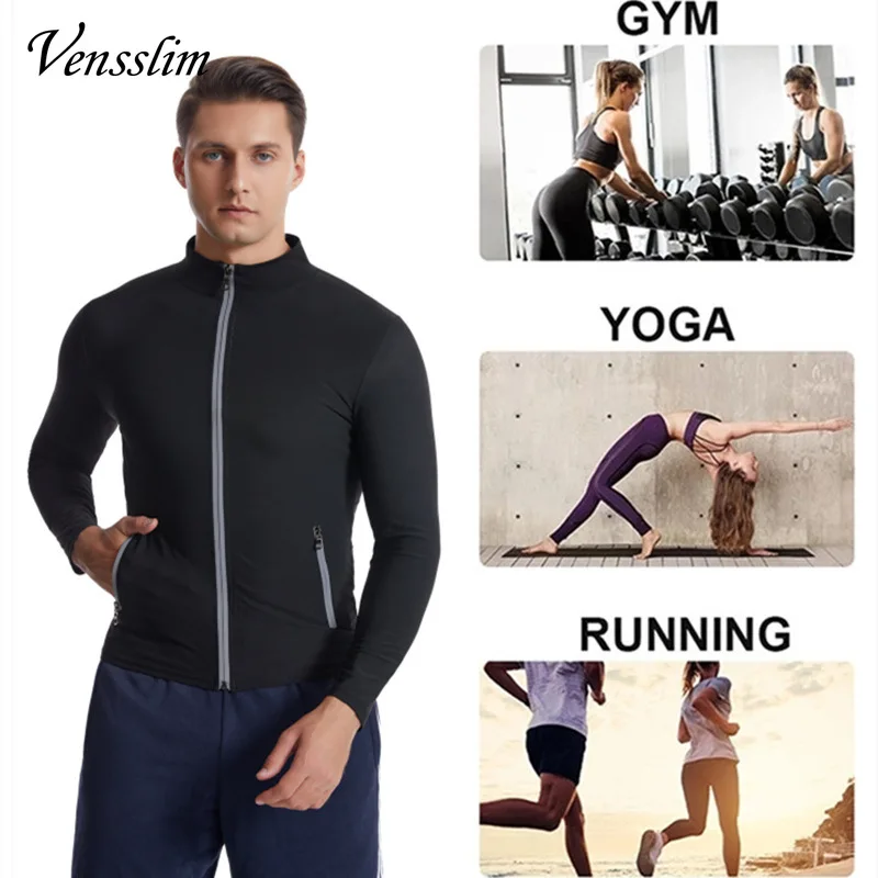 Men Sauna Suit Neoprene Sweat Jacket Workout Weight Loss Long Sleeve Vest Waist Trainer Body Shaper with Zipper Slimmming Tops