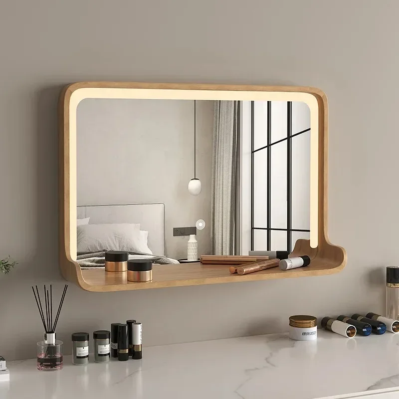 

Nice Creative Wood Frame Mirror Bathroom Hotel Hanging Bathroom Girls Makeup Simple Mirror Flexible LED Wandstickers Home Produc