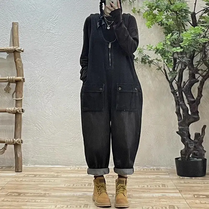 

2026 New Spring/Summer Women's Cowboy Jumpsuit Loose Wide Leg Casual Strap Pants
