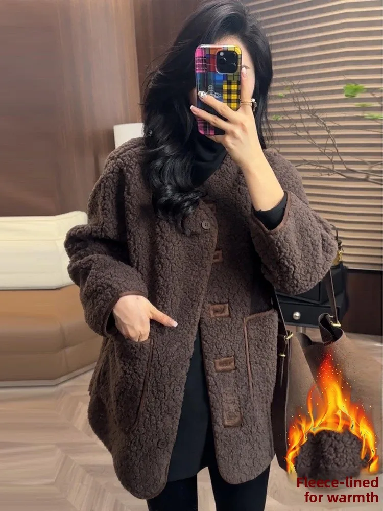 الكورية Sle ort لامب الفراء Jaet المرأة شتاء جديد Faion عادية Thiened الدافئة أعلى جولة Ne زر إغلاق طويل Sve