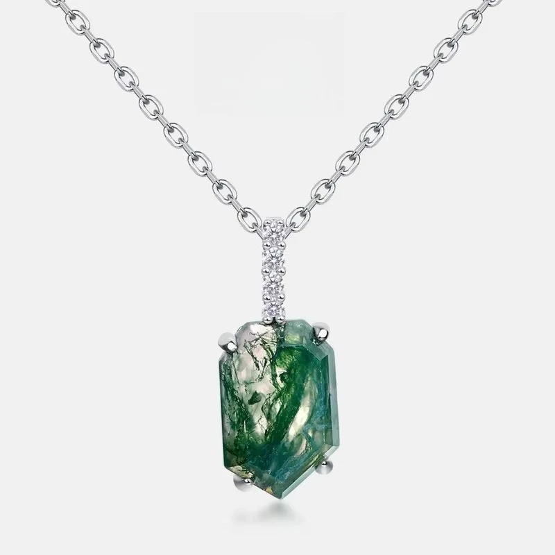 

Geometric Water Grass Agate Women's Pendant S925 Silver Plated 18K Gold PT950 Platinum Green Moss Stone Necklace