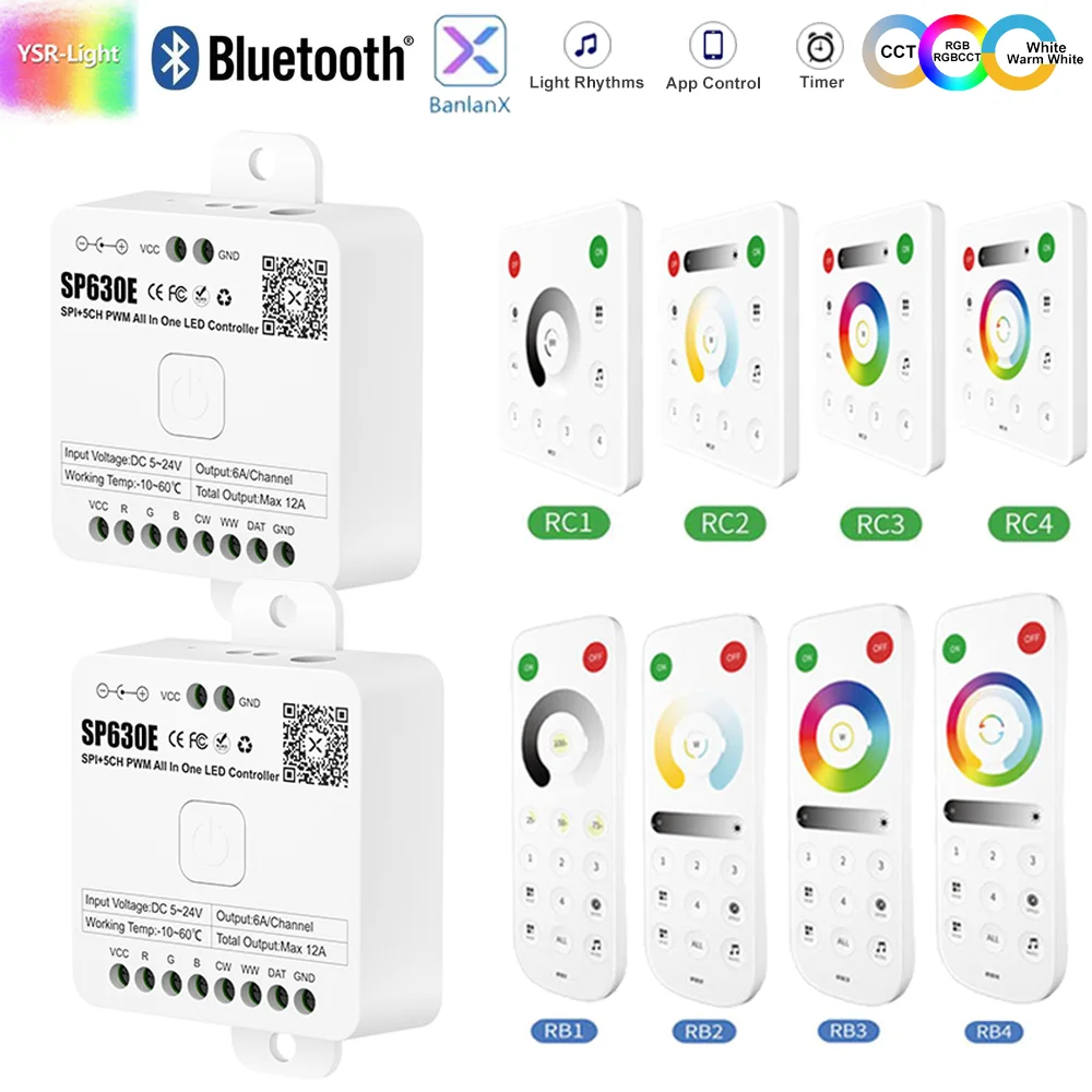 SP630E Bluetooth 5in1 LED Controller SPI PWM 5050 3528 FCOB DIM/CCT/RGB/RGBW/RGBCCT 2.4G Remote Control Touch Panel Control