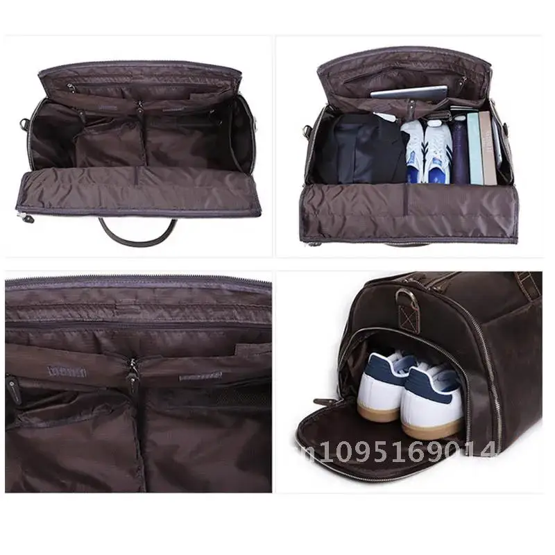 Crazy Horse Leather Folding Suit Bag Man Business Travel Bag With Luggage Suits Shoe Clothes Cover Pocket Man Duffel Bag For Bag