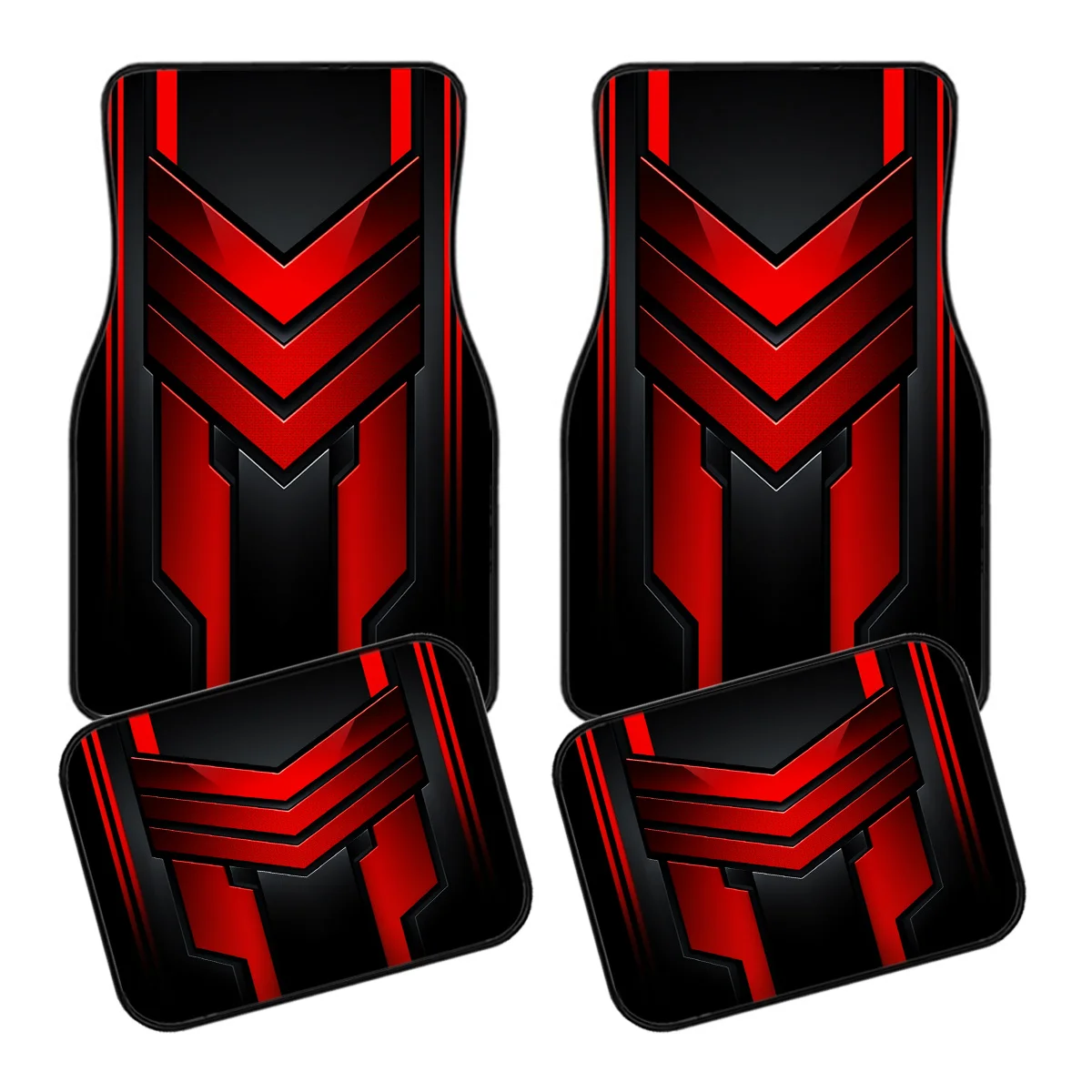 4pcs Car Floor Mats In A Black And Red Mecha-style Geometric Print. Exquisitely Designed Car Floor Mats With Patterns, Suitable