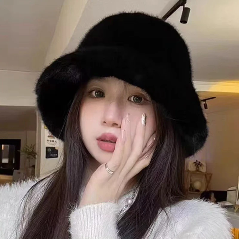 Winter Windproof Warm Women's Fashion Solid Color Plush Hat Bucket Cap Fluffy Fisherman's Hat Ear Protection Cap Panama Caps image 4