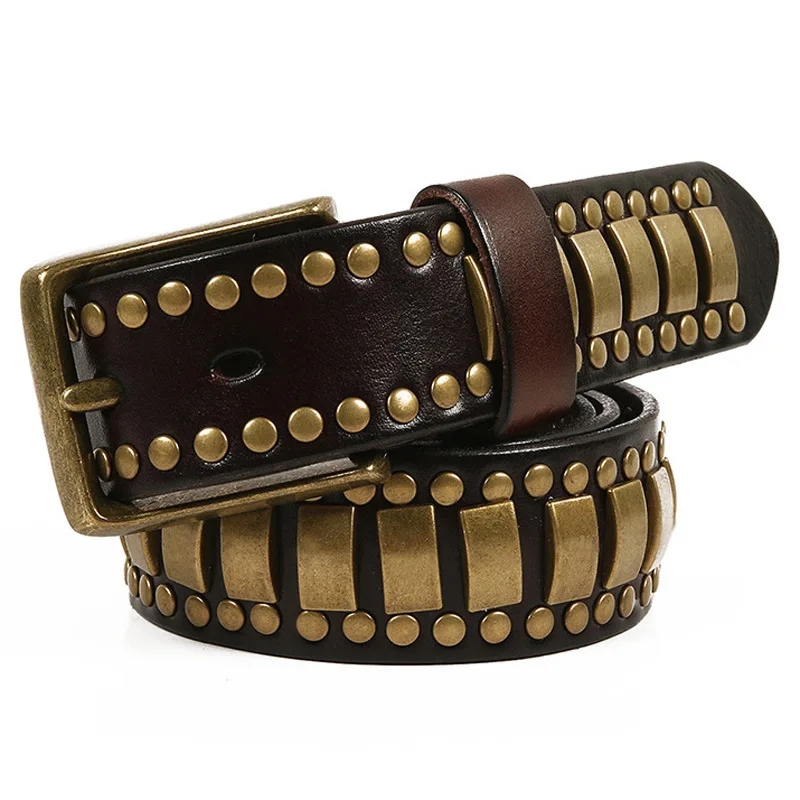 

mens fashion genuine leather studded belts punk hip hop rivets belt pin buckle strapon womens stylish designer waistband leash