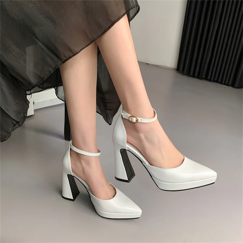 Meotina Two-Piece Women Patent Leather Super High Heel Pumps Buckle Thick Heels Ankle Strap Footwear Ladies Autumn Black Red 43