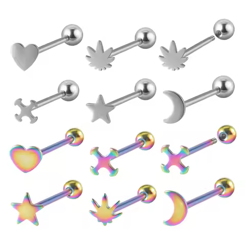 1pcs Surgical Steel Silver Color Rainbow Heart Star Cross Leaf Moon Ball Tongue Piercings Tongue Barbell Ring Piercing Jewelry