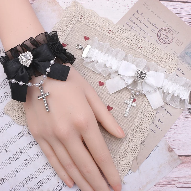 Japanese Sweet and Cute Bead Chain Bracelets Rhinestone Cross Bow Ruffle Edge Bracelet