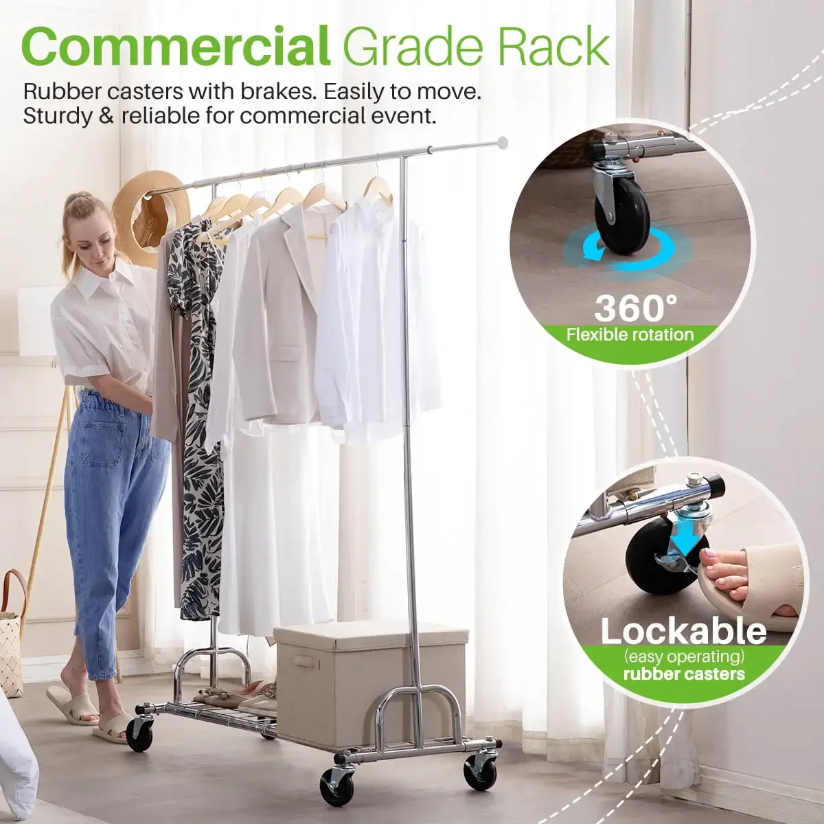 Heavy Duty Commercial Grade Garment Rack Portable Freestanding Modern Clothes Rack, Silver
