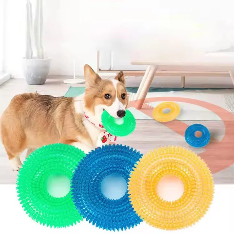Interaction Durable Squeaky TPR Dog Chew Toy With Spiky Ring Texture Teeth Cleaning And Grinding Tire Toy For Dogs Pet Molar Toy