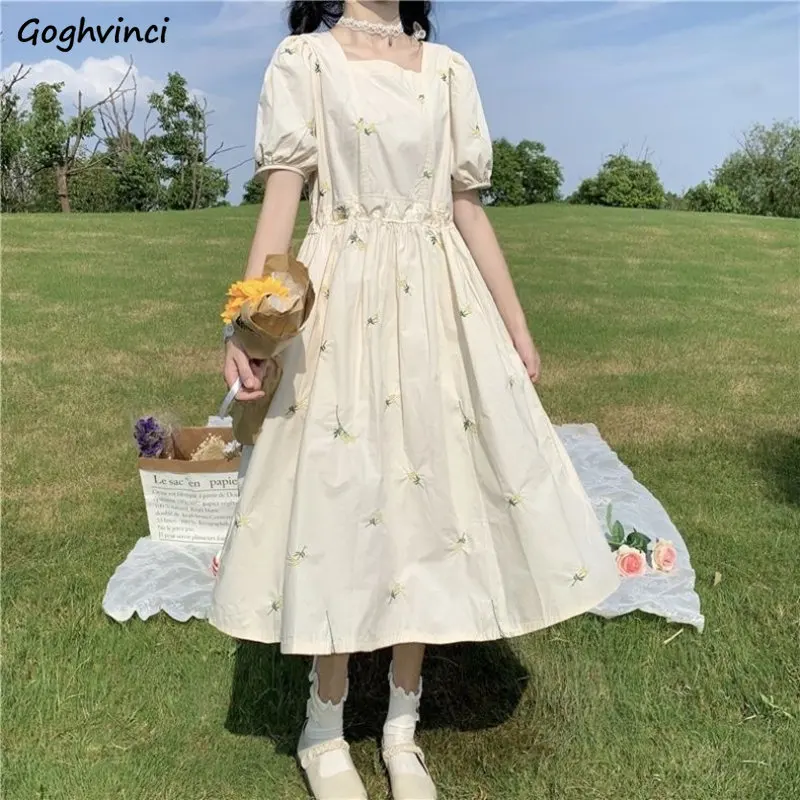 

Short Sleeve Dresses Women Preppy Style Summer New Sweet Floral Chic Ulzzang Students Simple Square Collar Casual Daily Tender