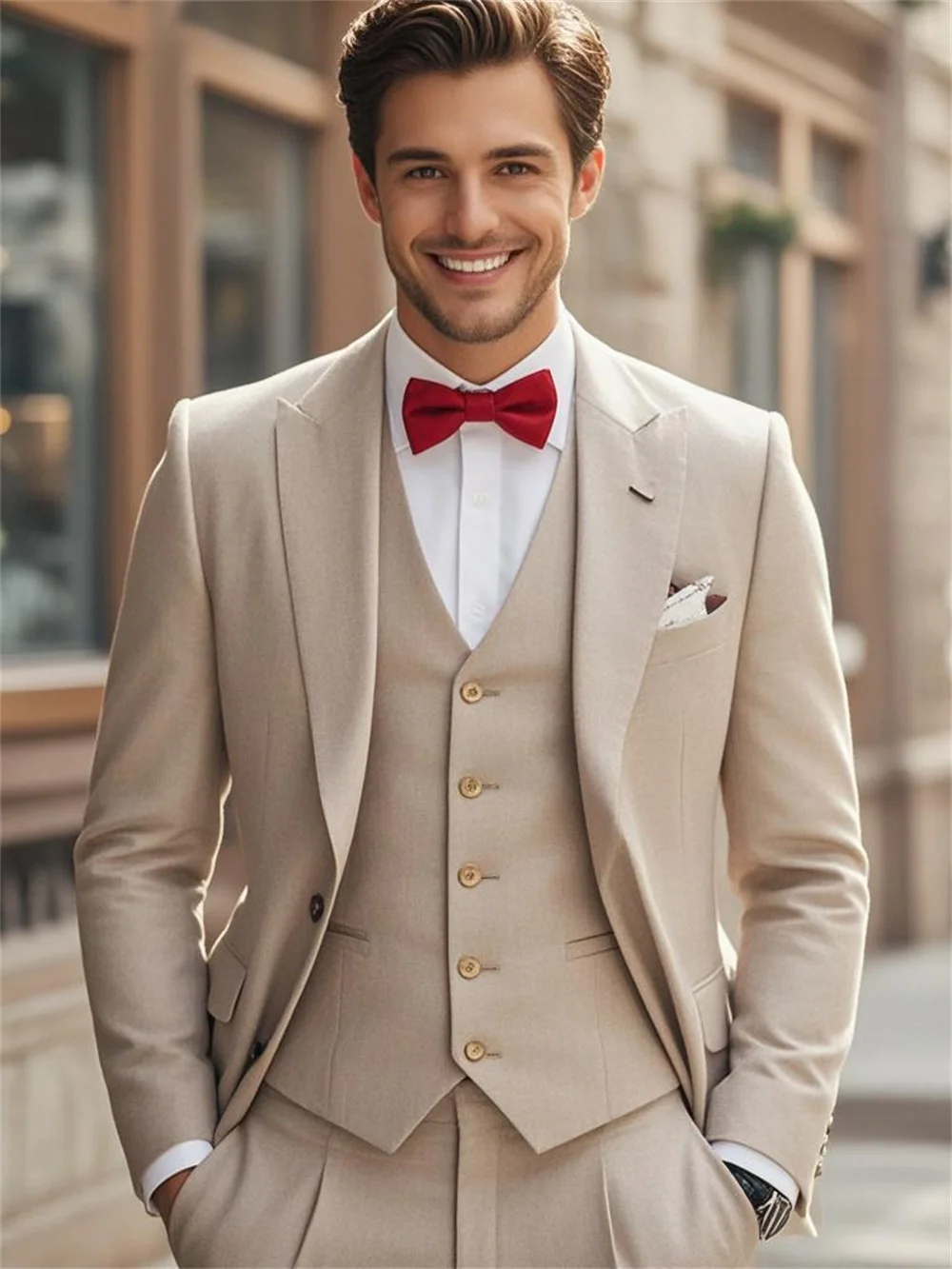 أنيق الرجال البيج ثلاث قطع الدعاوى العصرية واحدة الصدر سترة سترة السراويل قسط الرجال بدل زفاف أنيق شهم رسمي #2