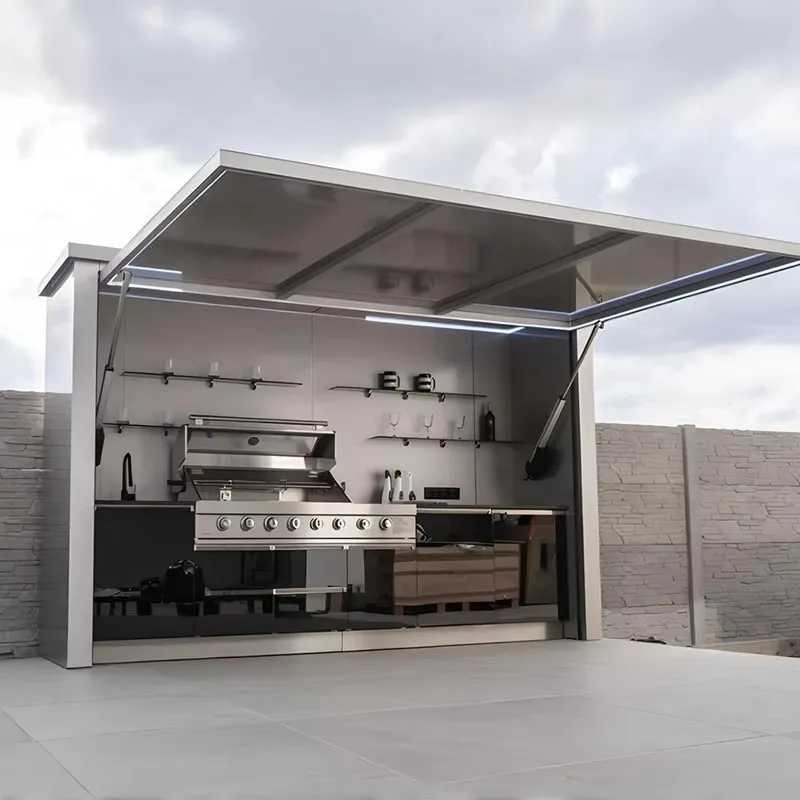 Modern Easy Install Modular Outdoor Stainless Steel Kitchen Station 4 Burners Gas Grill Matched Sink Mini Fridge