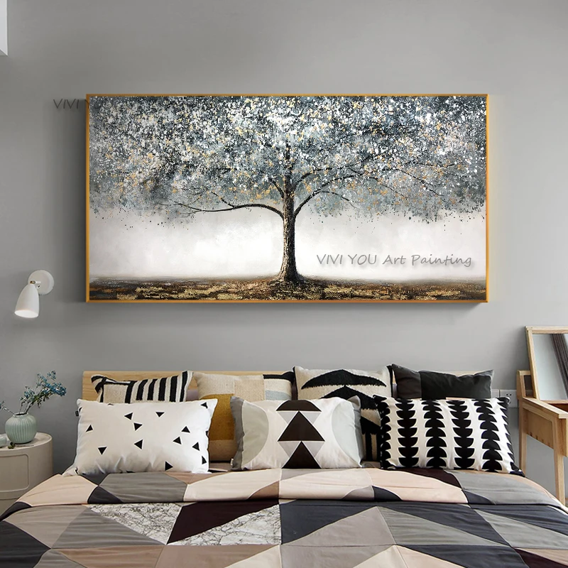 Handpainted Black and White Gold Tree of Life Modern Oil Painting  Wall Art Painting  for Living Room Home Decor