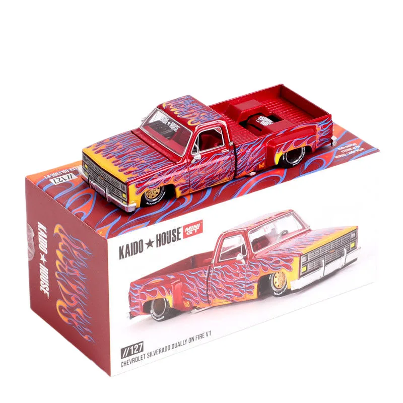 

MiniGT Kaido 1/64 Scale Mini 1983 Chevrolet Silverado Dually on Fire V1 Truck Chevy Diecast Car Model Toy Vehicles KHMG127